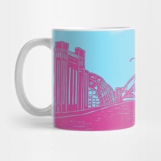 Bridges of NewcastleGateshead Quayside Linocut in Turquoise and Raspberry Mug